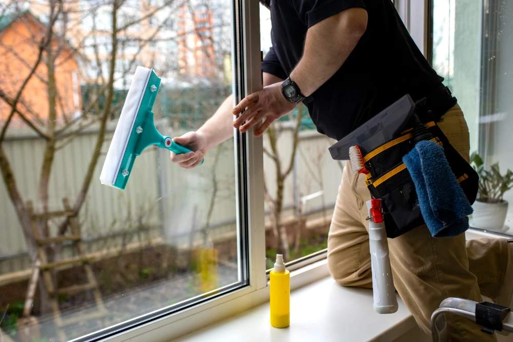 Window cleaning technician squeegeeing a window with a tool belt of cleaning supplies