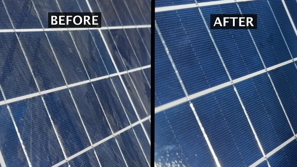 Before and after solar panel cleaning showing dust removal for improved sunlight absorption