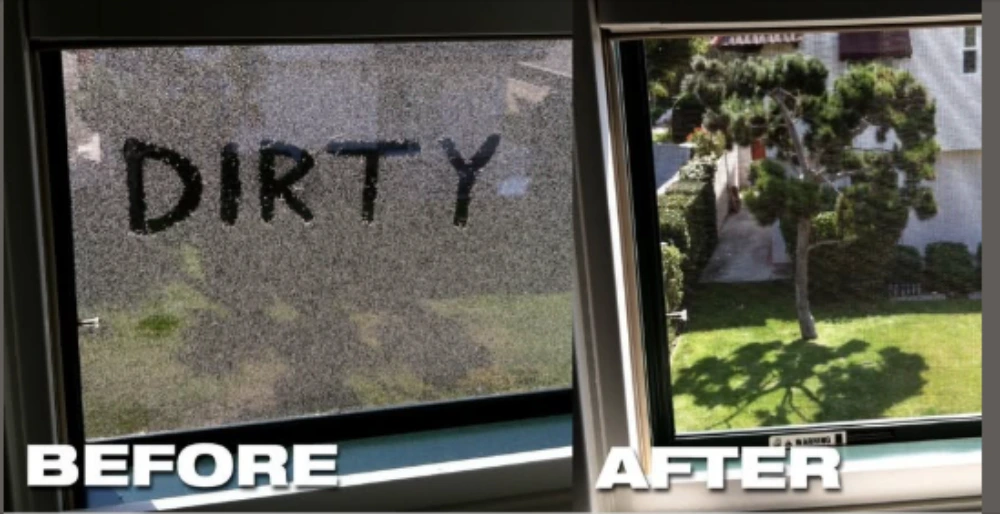 Before and after window cleaning showing the word dirty written in window grime, then a clear view after cleaning