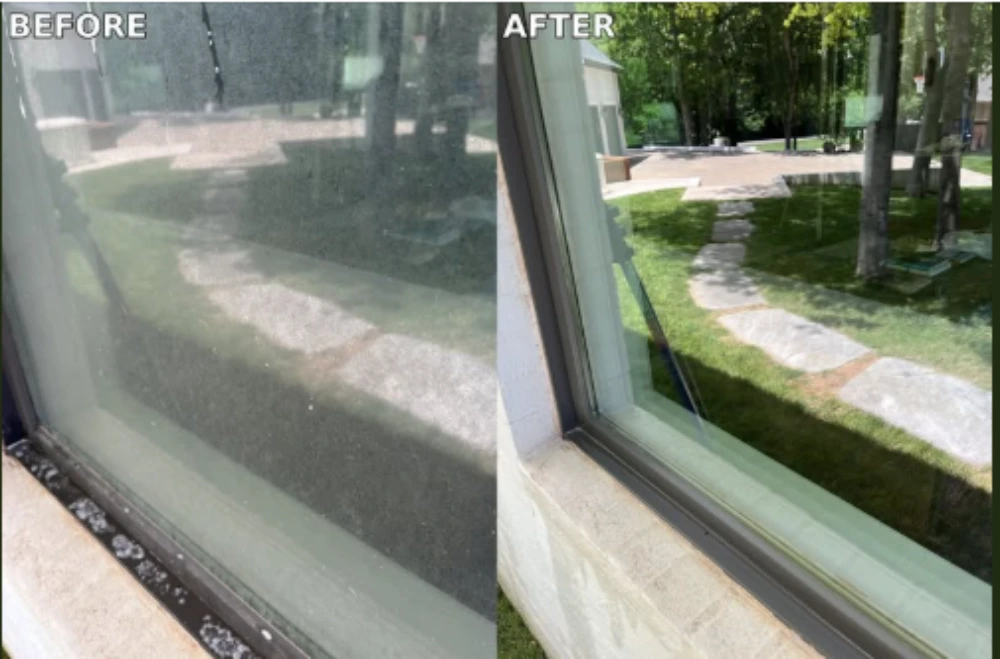 Before and after window cleaning showing a hazy backyard path view restored to clear visibility