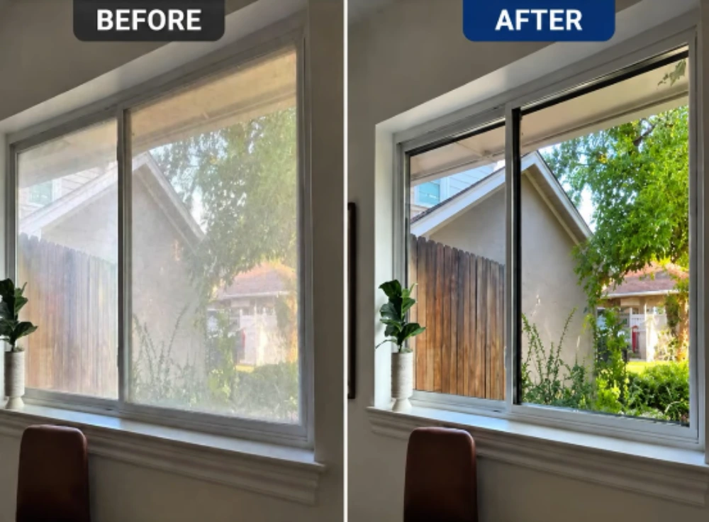 Before and after window cleaning showing a hazy screen versus a clear view of the backyard