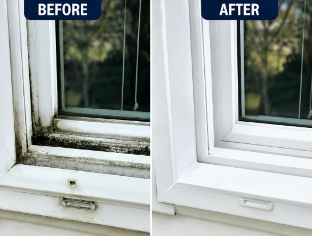 Before and after window track cleaning showing built-up grime removed from the frame and sill