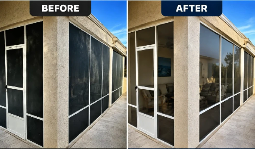 Before and after patio screen cleaning showing dark, opaque screens versus clear visibility