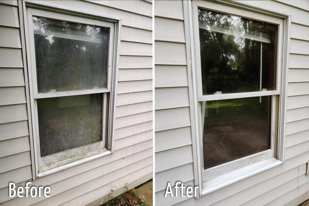 Before and after window cleaning showing a grimy double-hung window restored to clear glass