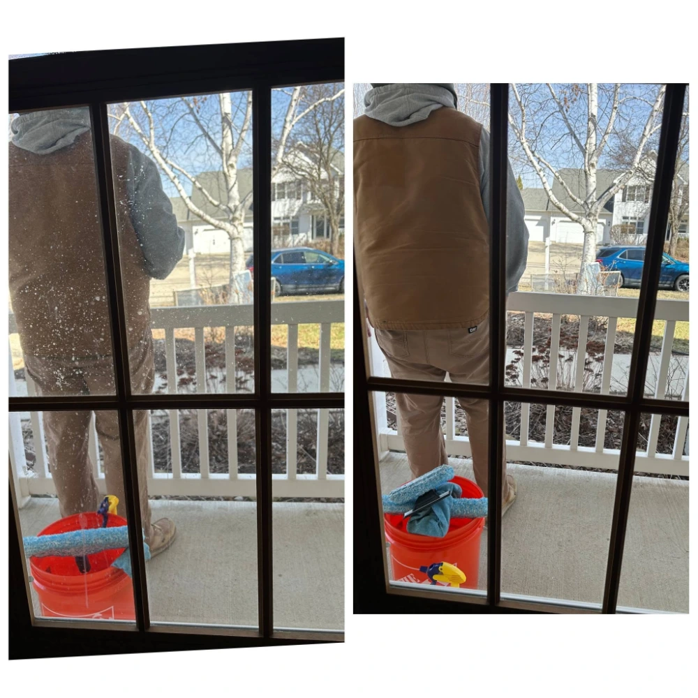 Before and after window cleaning showing improved clarity by comparing visibility of a technician outside
