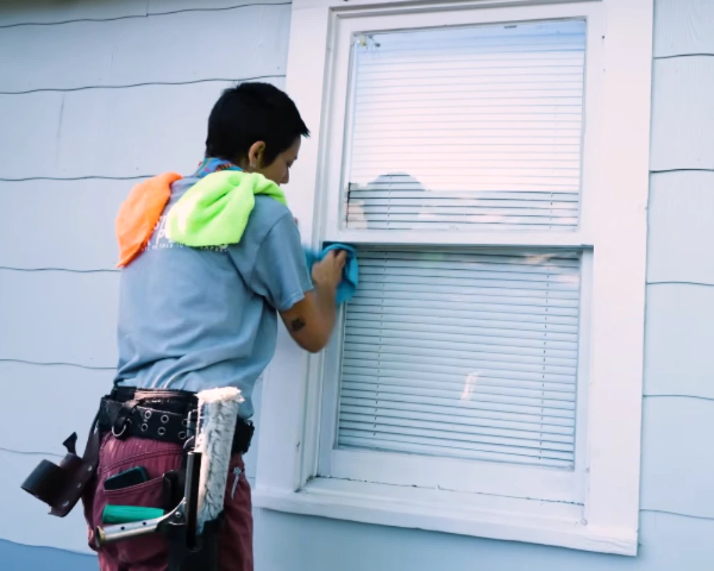 Window cleaning technician wiping down a window frame and sill on a shingle-sided San Clemente home