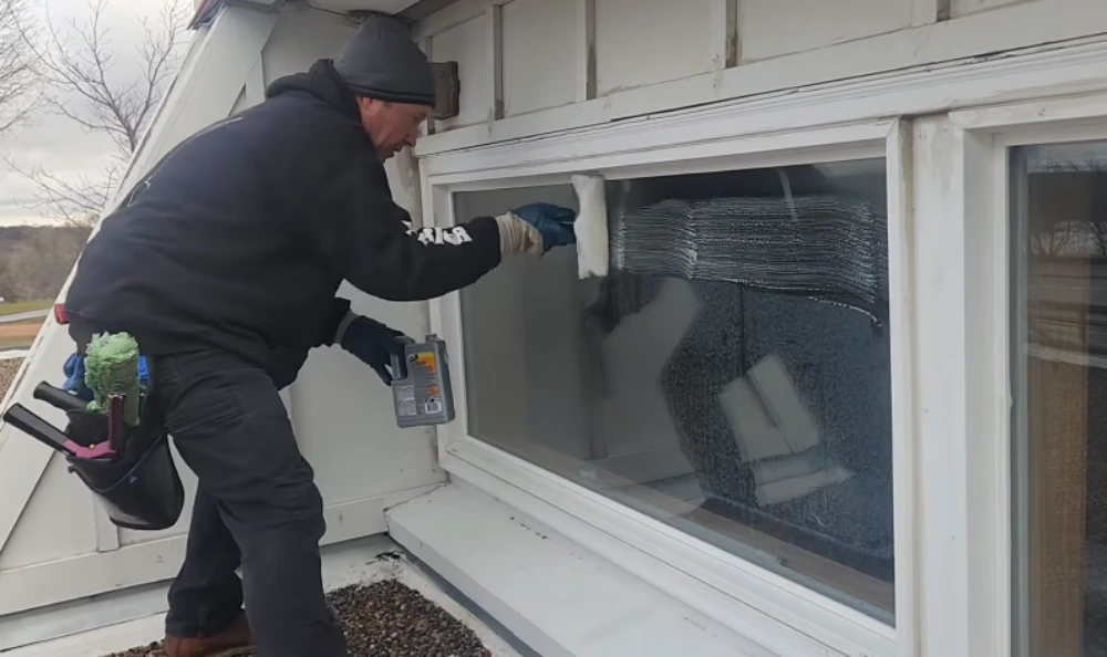 Technician treating hard water mineral spots on a residential exterior window
