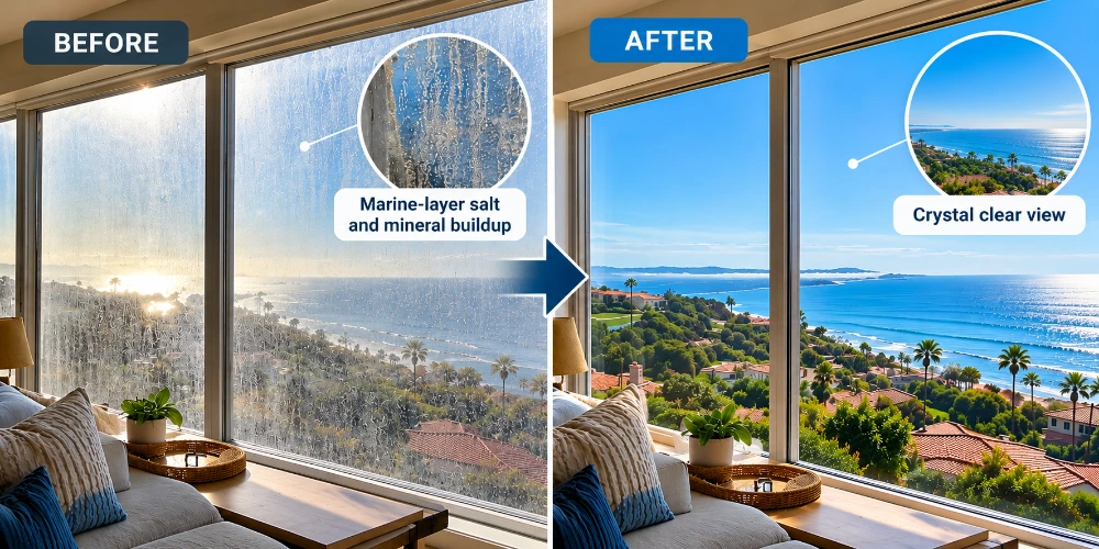 Before and after window cleaning showing marine-layer salt buildup removed for a crystal-clear ocean view in San Clemente