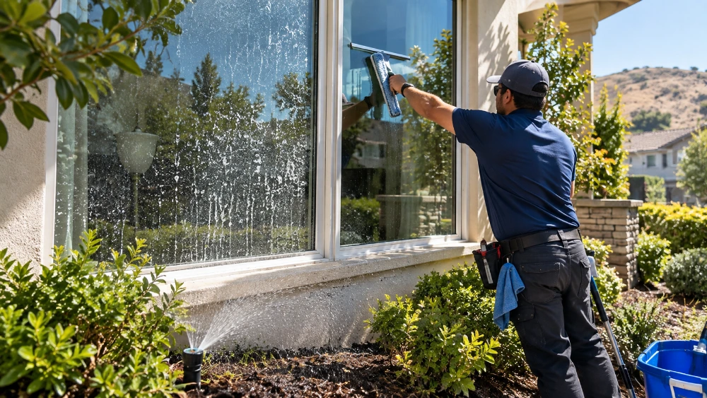 Window cleaning technician squeegeeing a large residential window with an active sprinkler visible nearby