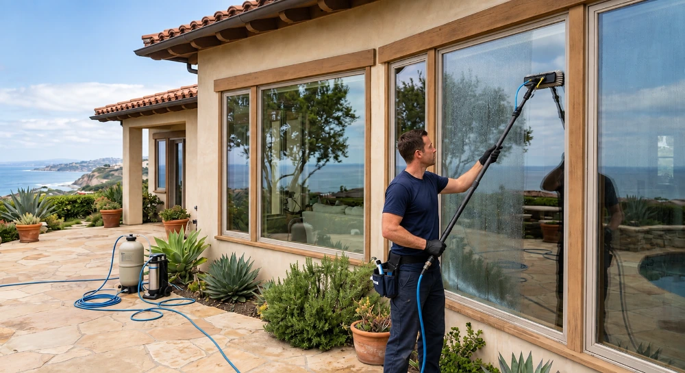 Window cleaning technician using a water-fed pole to clean windows on an ocean-view home