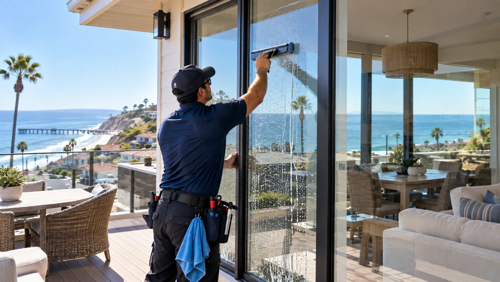 Window cleaning technician squeegeeing a sliding glass door on an oceanfront balcony with a pier visible in the distance